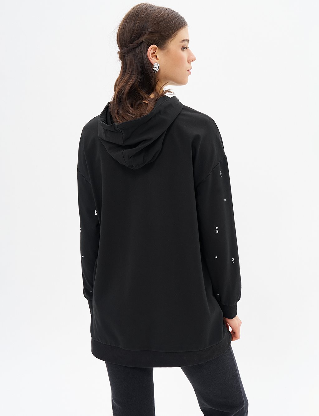 Black Hooded Sweatshirt with Hotfix Print and Two Threads