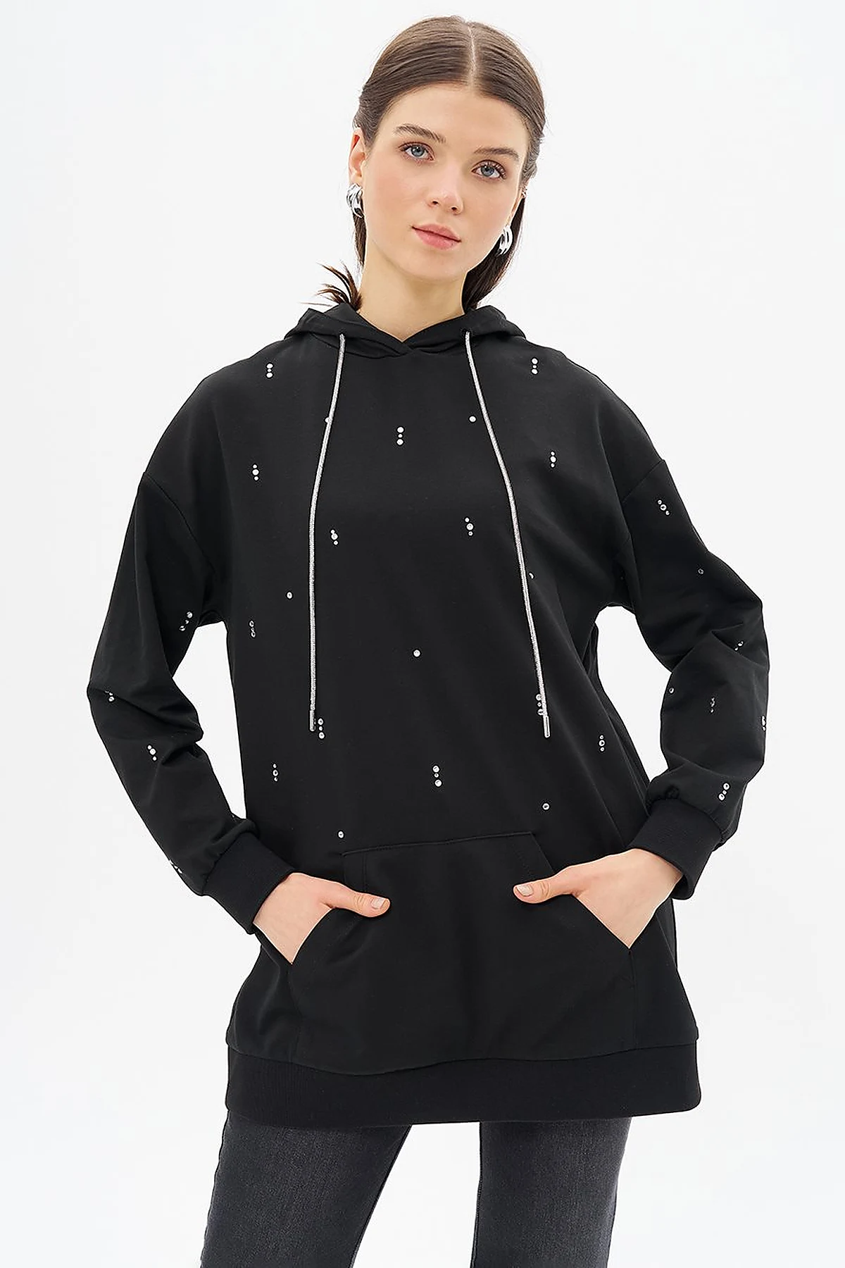 Black Hooded Sweatshirt with Hotfix Print and Two Threads