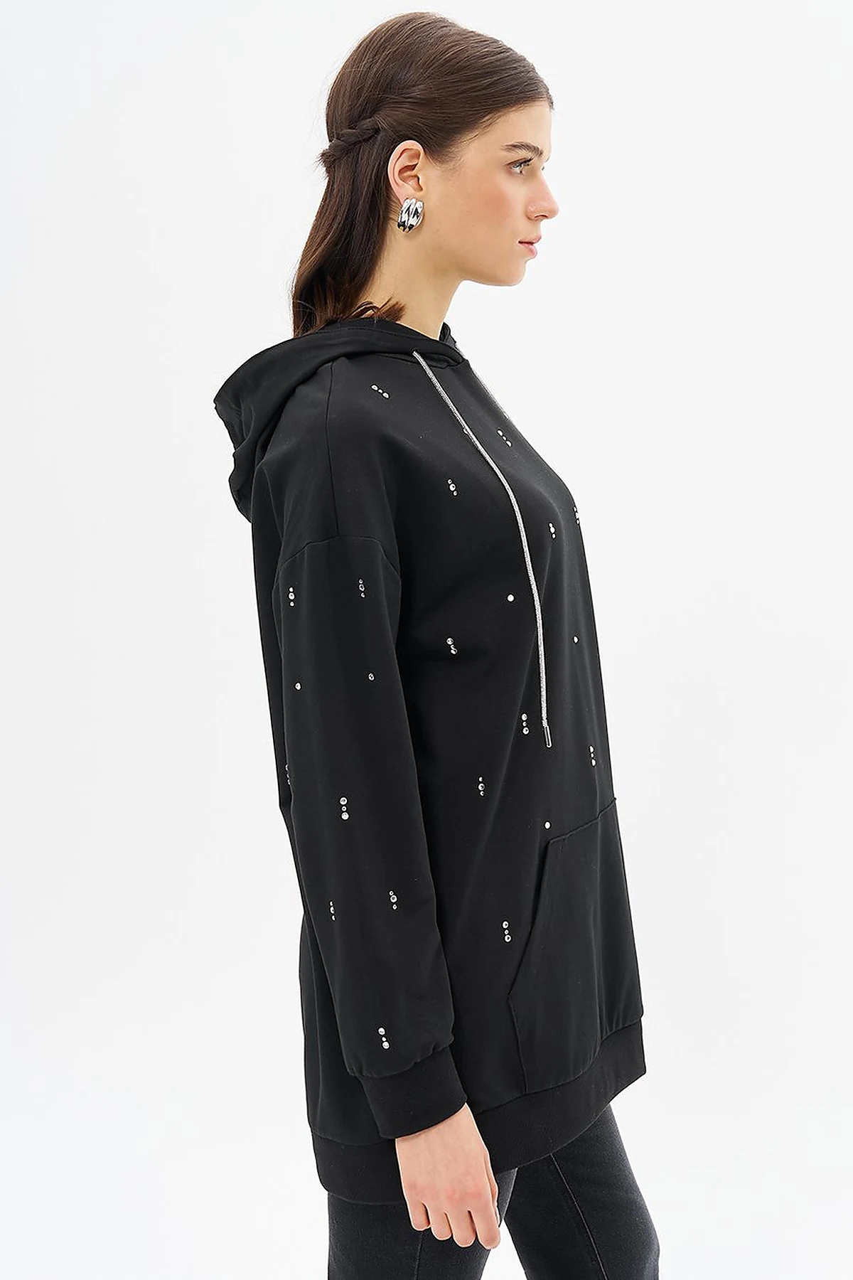 Black Hooded Sweatshirt with Hotfix Print and Two Threads