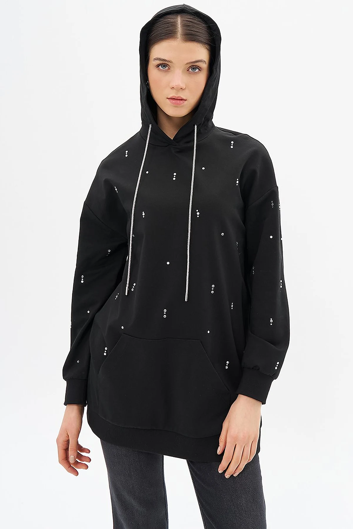 Black Hooded Sweatshirt with Hotfix Print and Two Threads