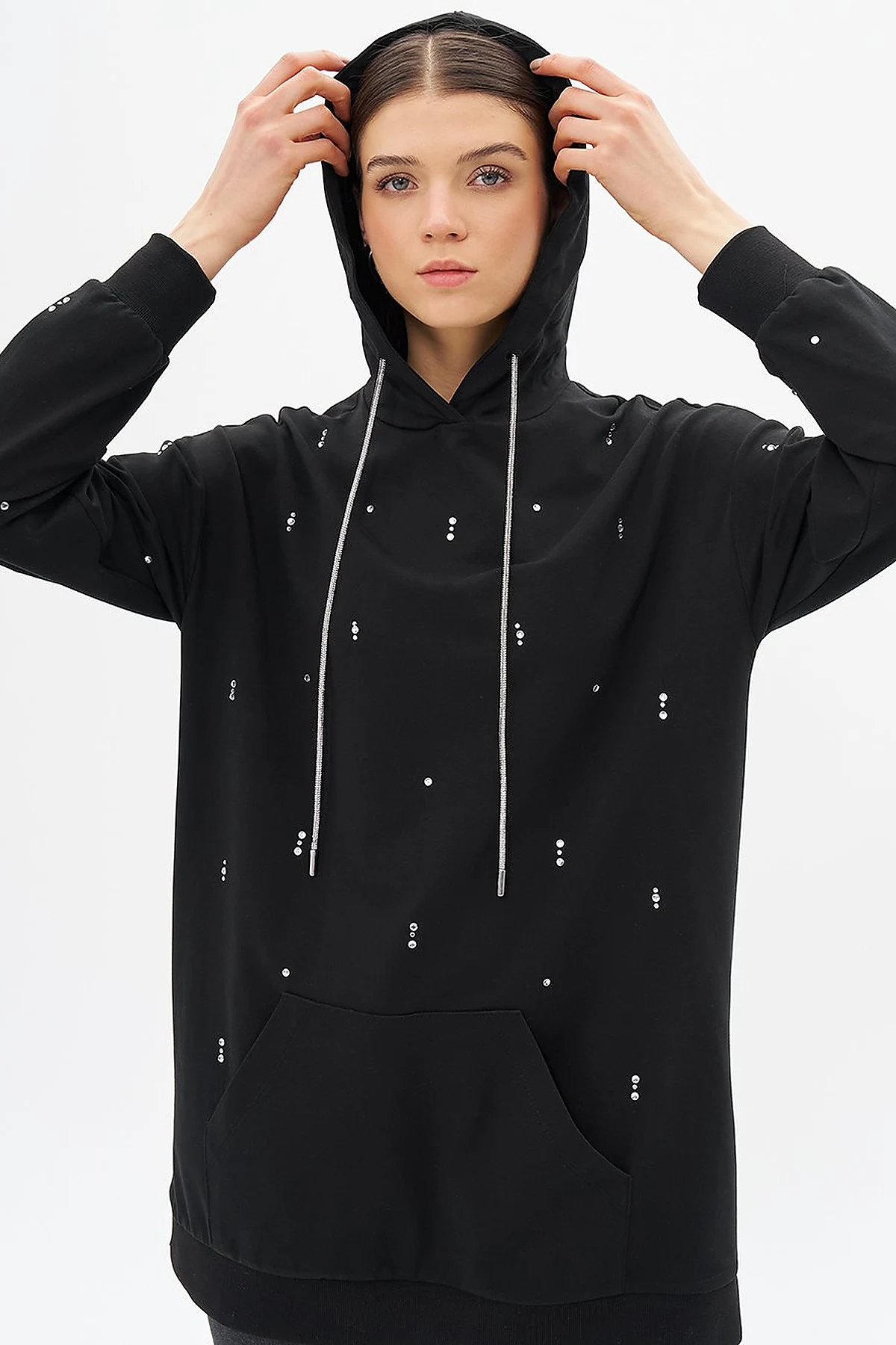 Black Hooded Sweatshirt with Hotfix Print and Two Threads