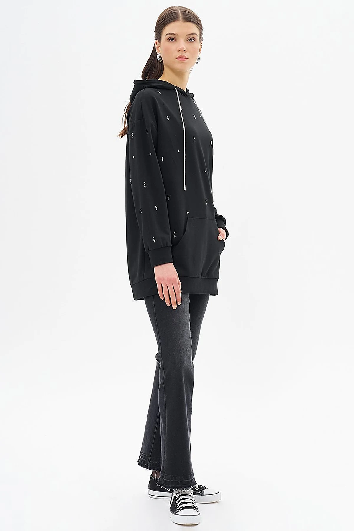 Black Hooded Sweatshirt with Hotfix Print and Two Threads