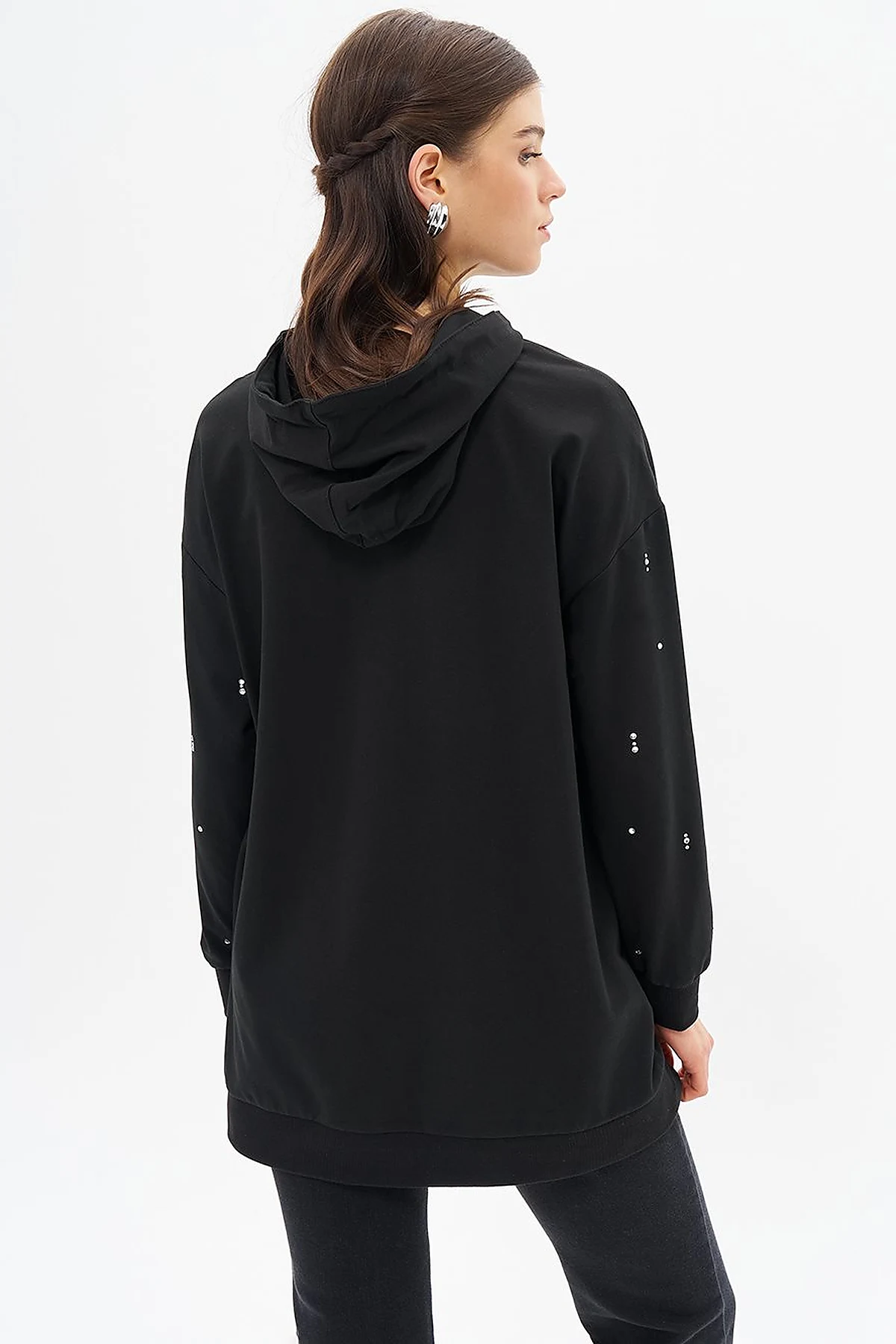 Black Hooded Sweatshirt with Hotfix Print and Two Threads