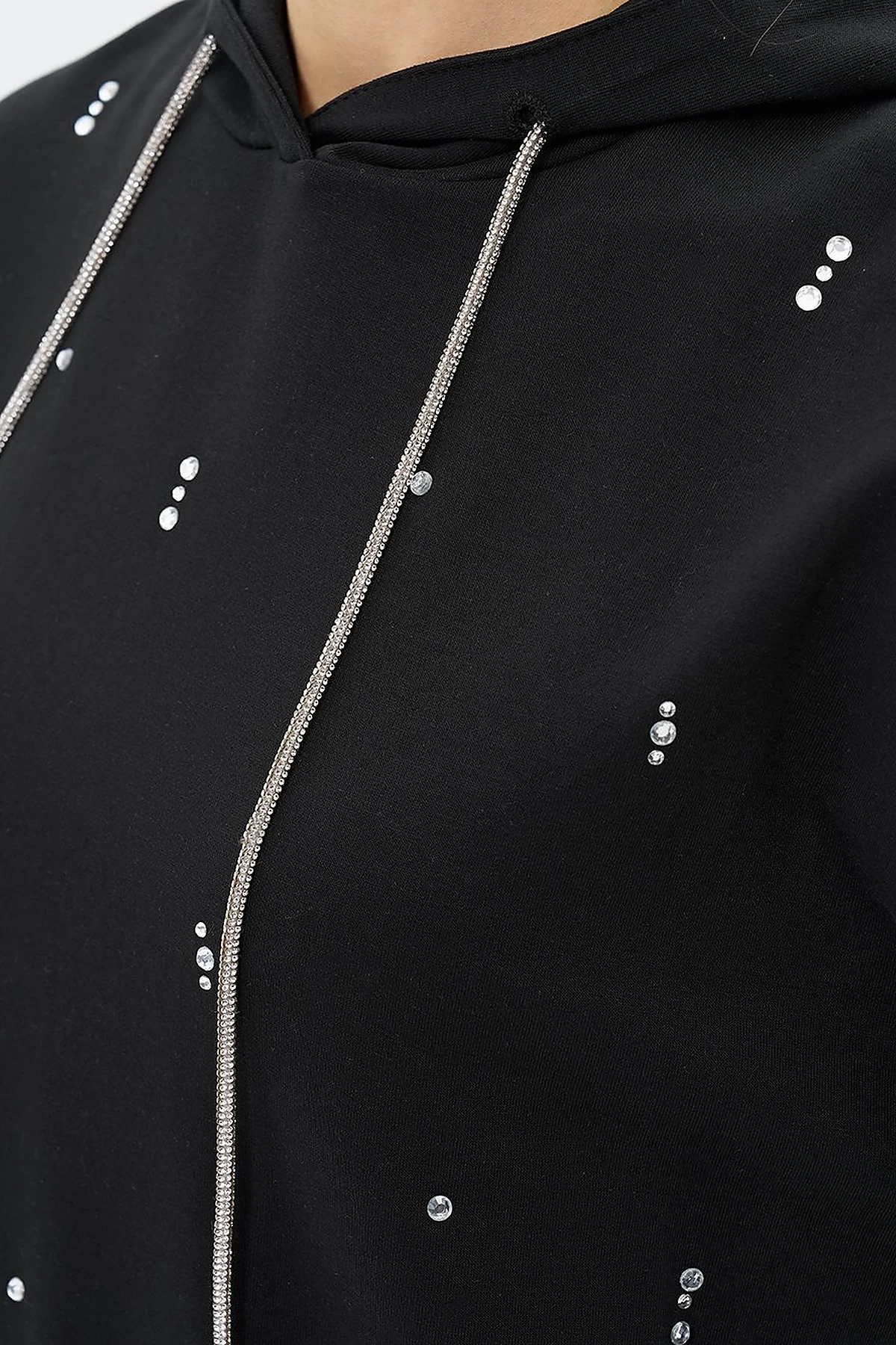 Black Hooded Sweatshirt with Hotfix Print and Two Threads