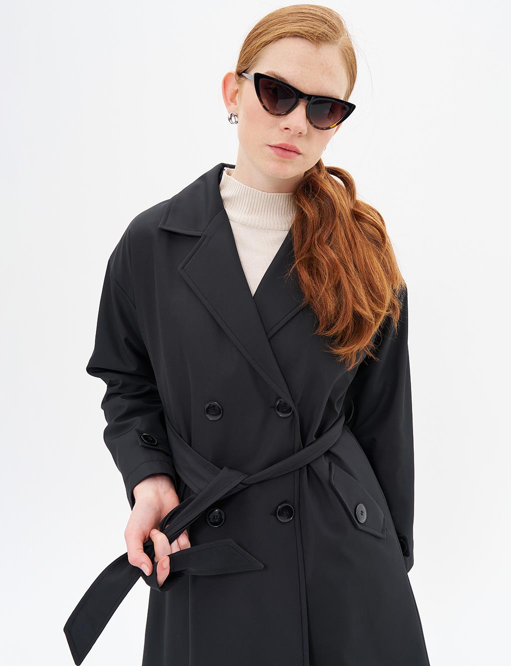 Belted Double Breasted Trench Coat Black