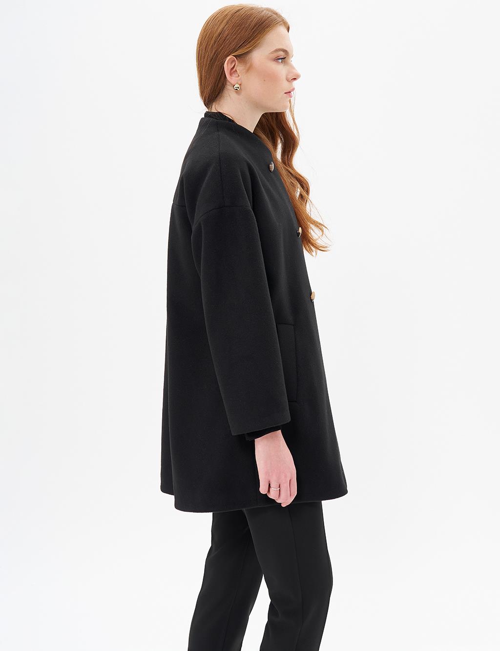 Button Closure Cashmere Coat Black