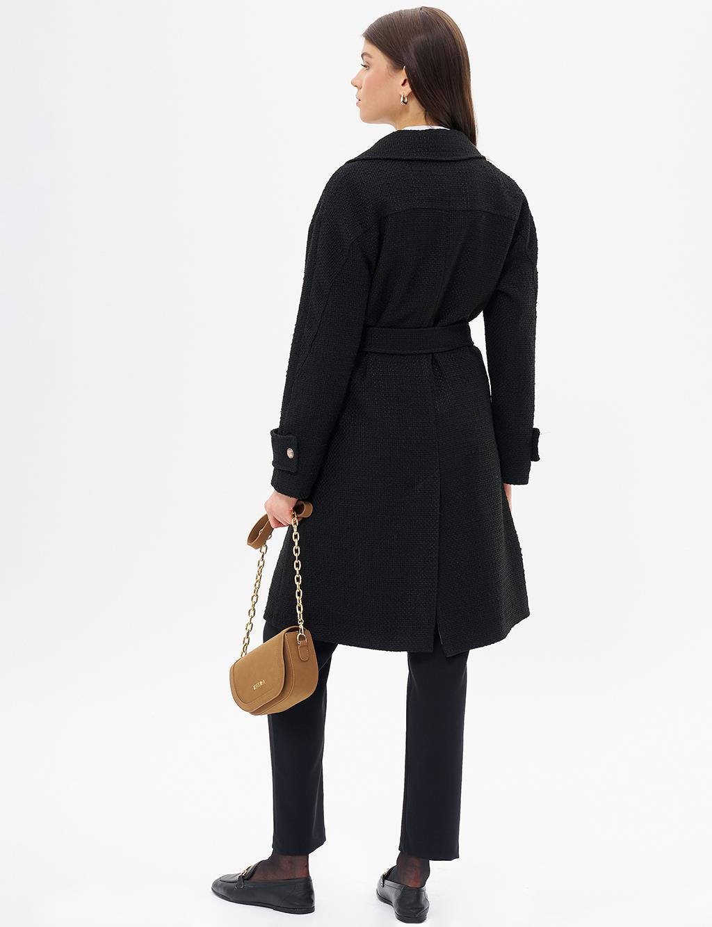 Gold Button Belted Coat Black