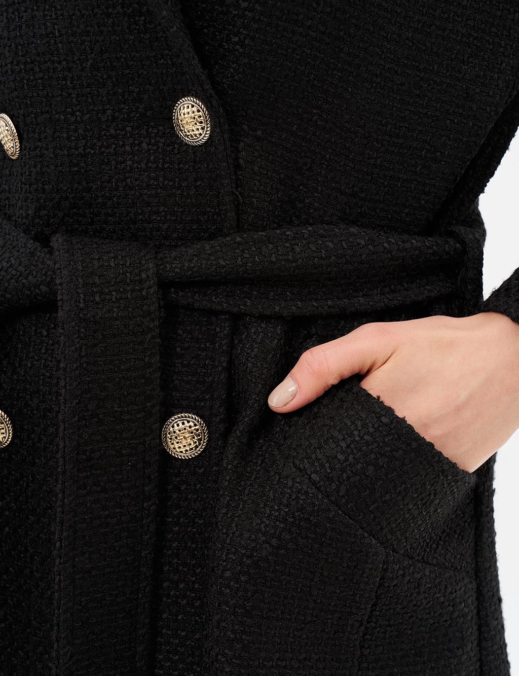 Gold Button Belted Coat Black