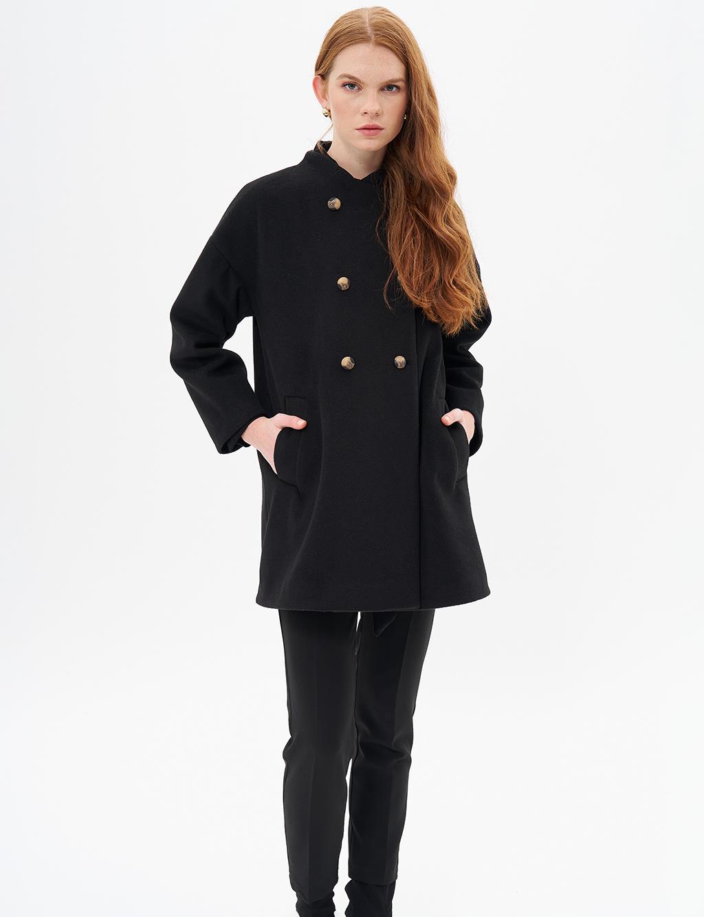 Button Closure Cashmere Coat Black