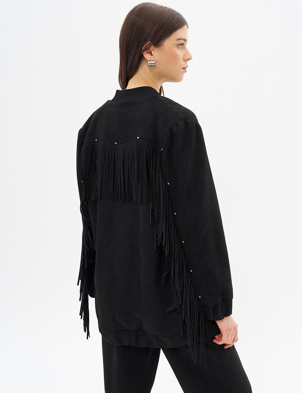 Back Tassel Detailed Suede Jacket Black