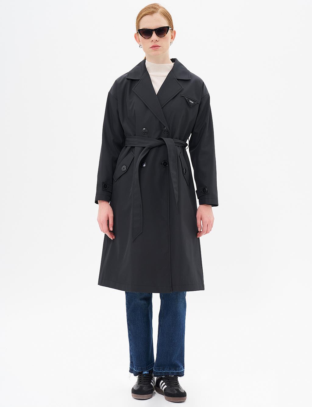 Belted Double Breasted Trench Coat Black