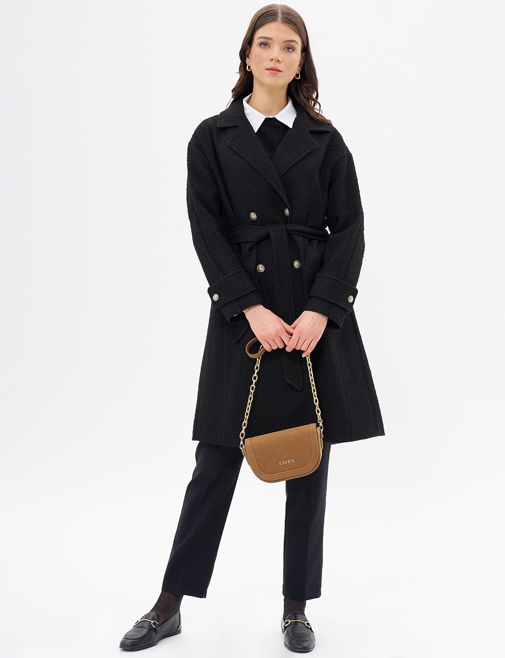 Gold Button Belted Coat Black