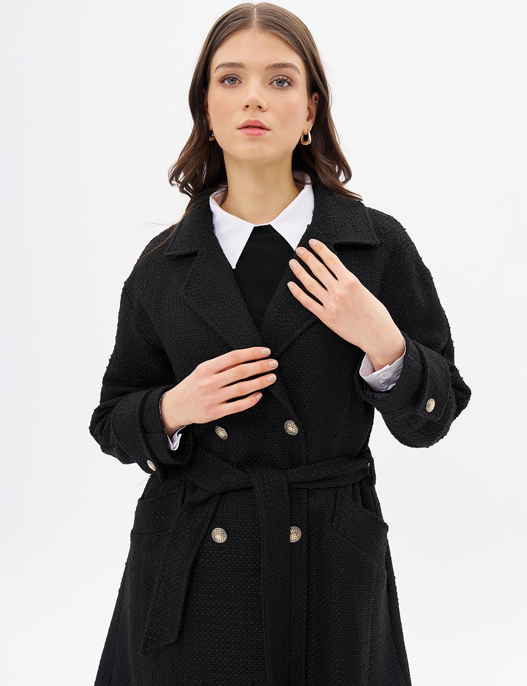 Gold Button Belted Coat Black