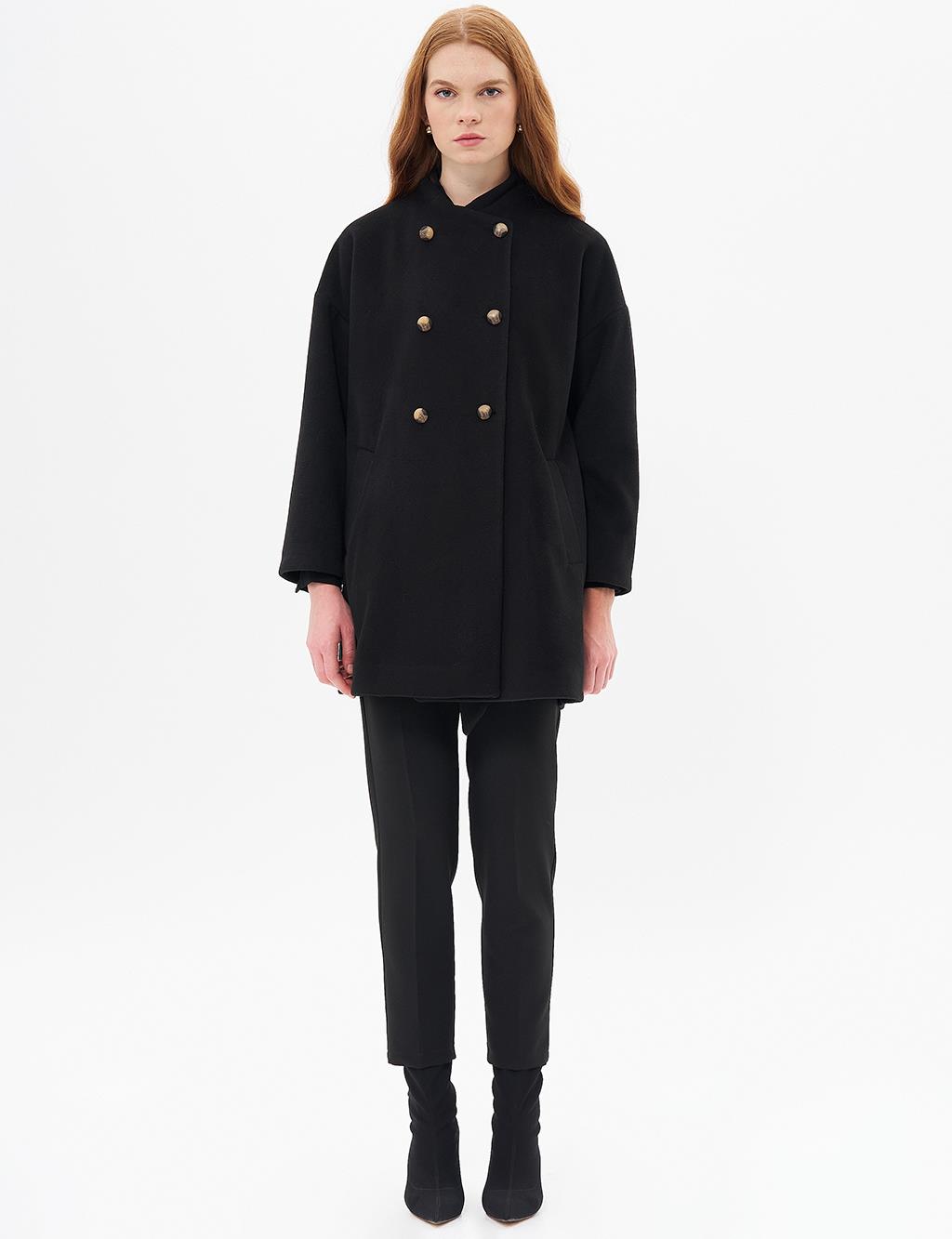 Button Closure Cashmere Coat Black