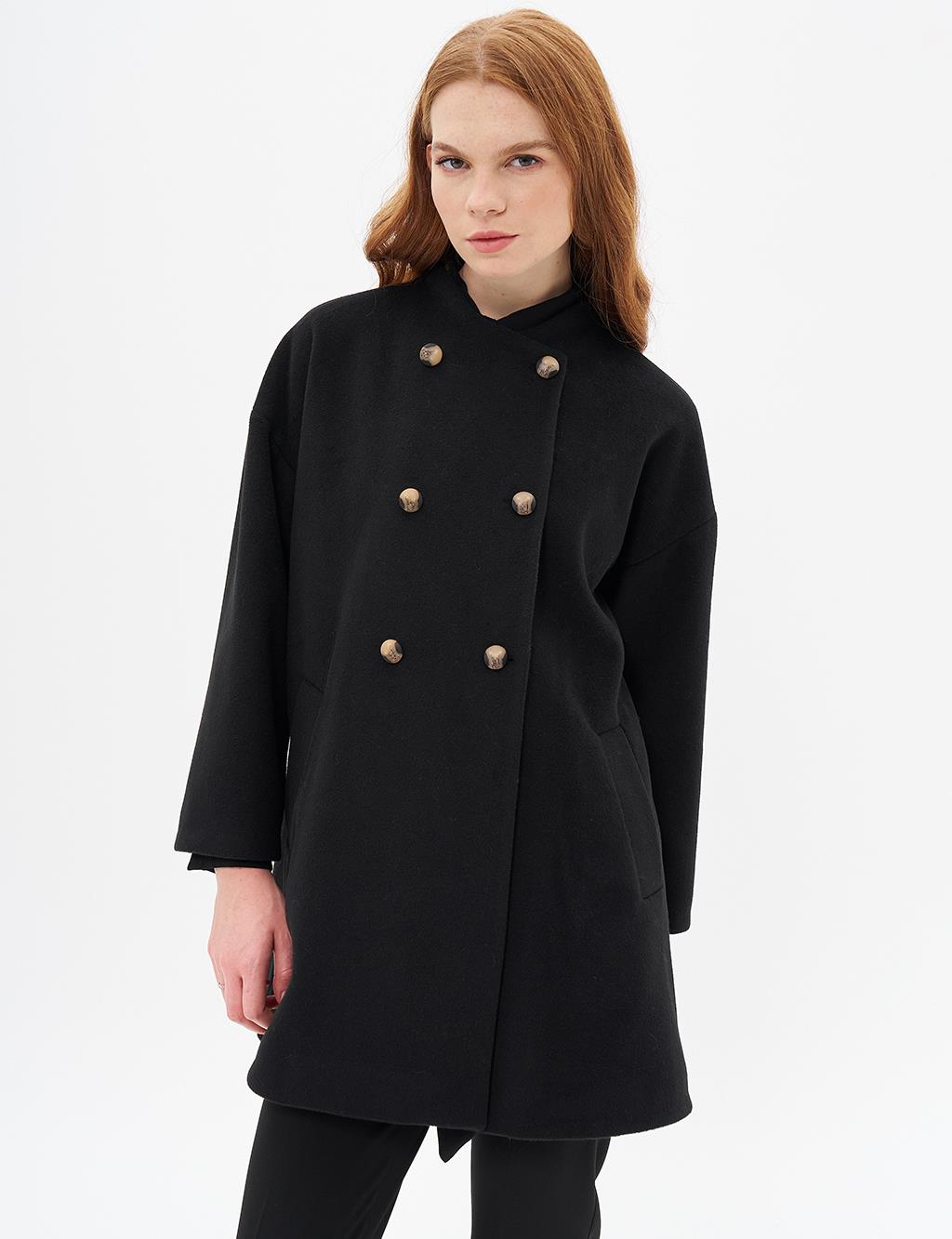 Button Closure Cashmere Coat Black