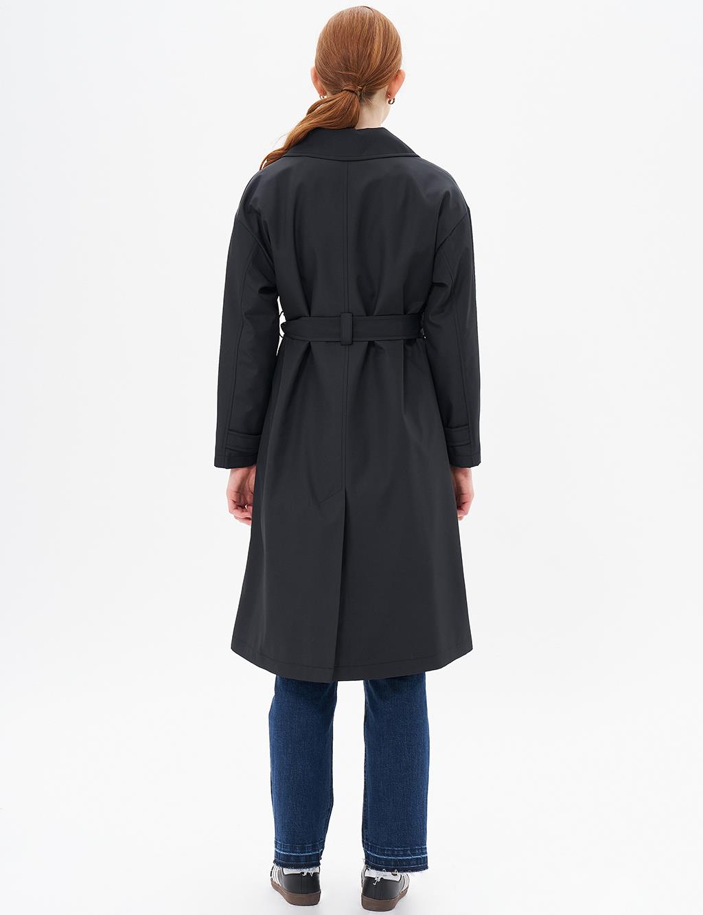 Belted Double Breasted Trench Coat Black