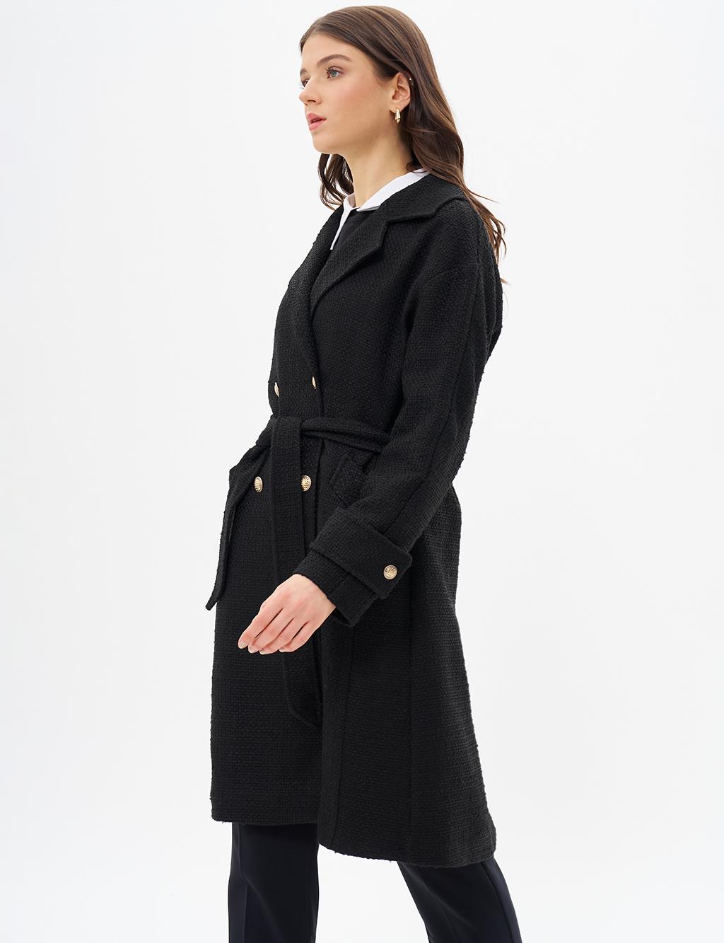 Gold Button Belted Coat Black