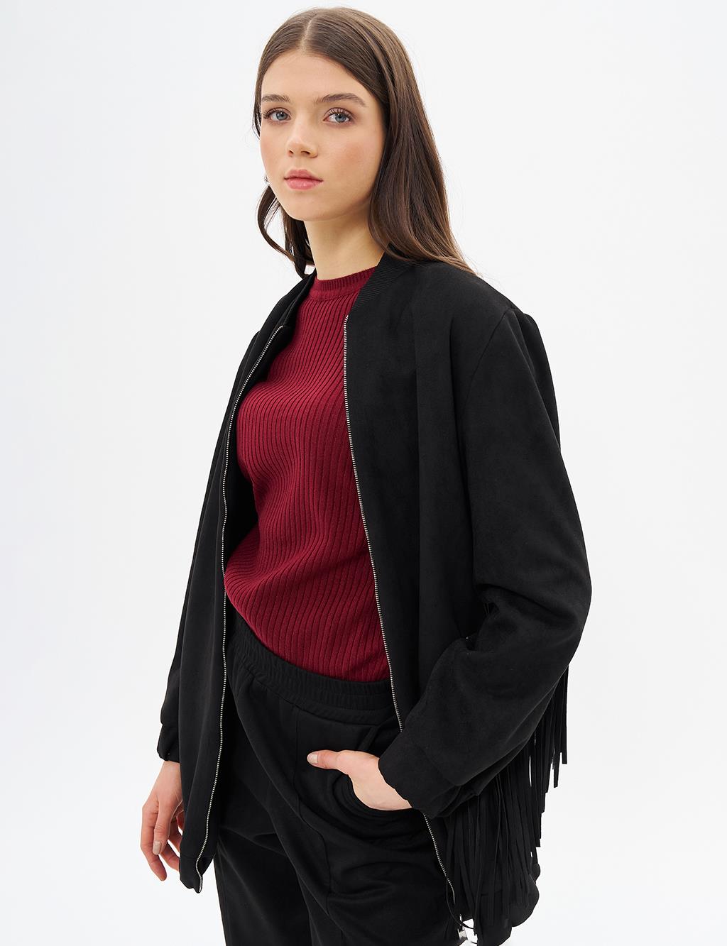 Back Tassel Detailed Suede Jacket Black