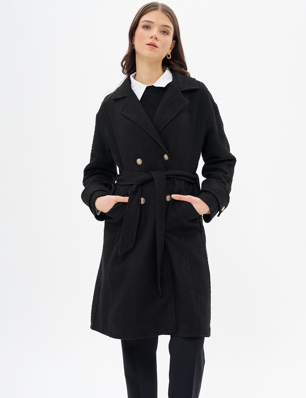 Gold Button Belted Coat Black