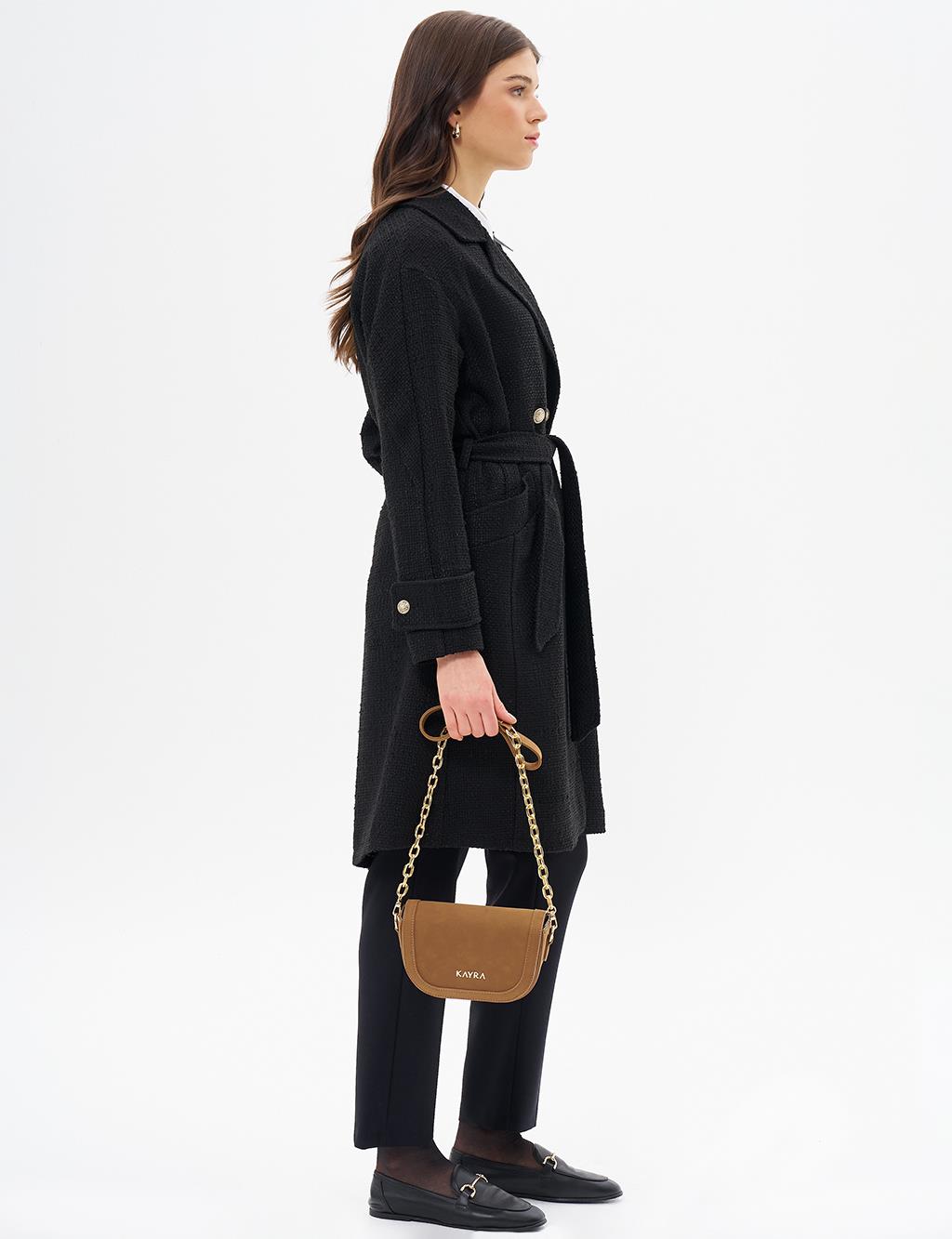 Gold Button Belted Coat Black