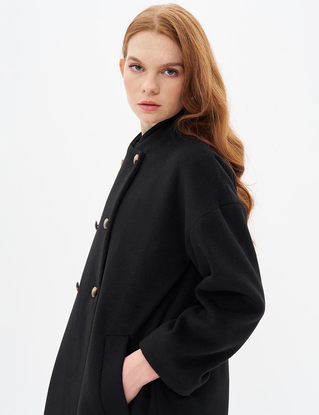 Button Closure Cashmere Coat Black