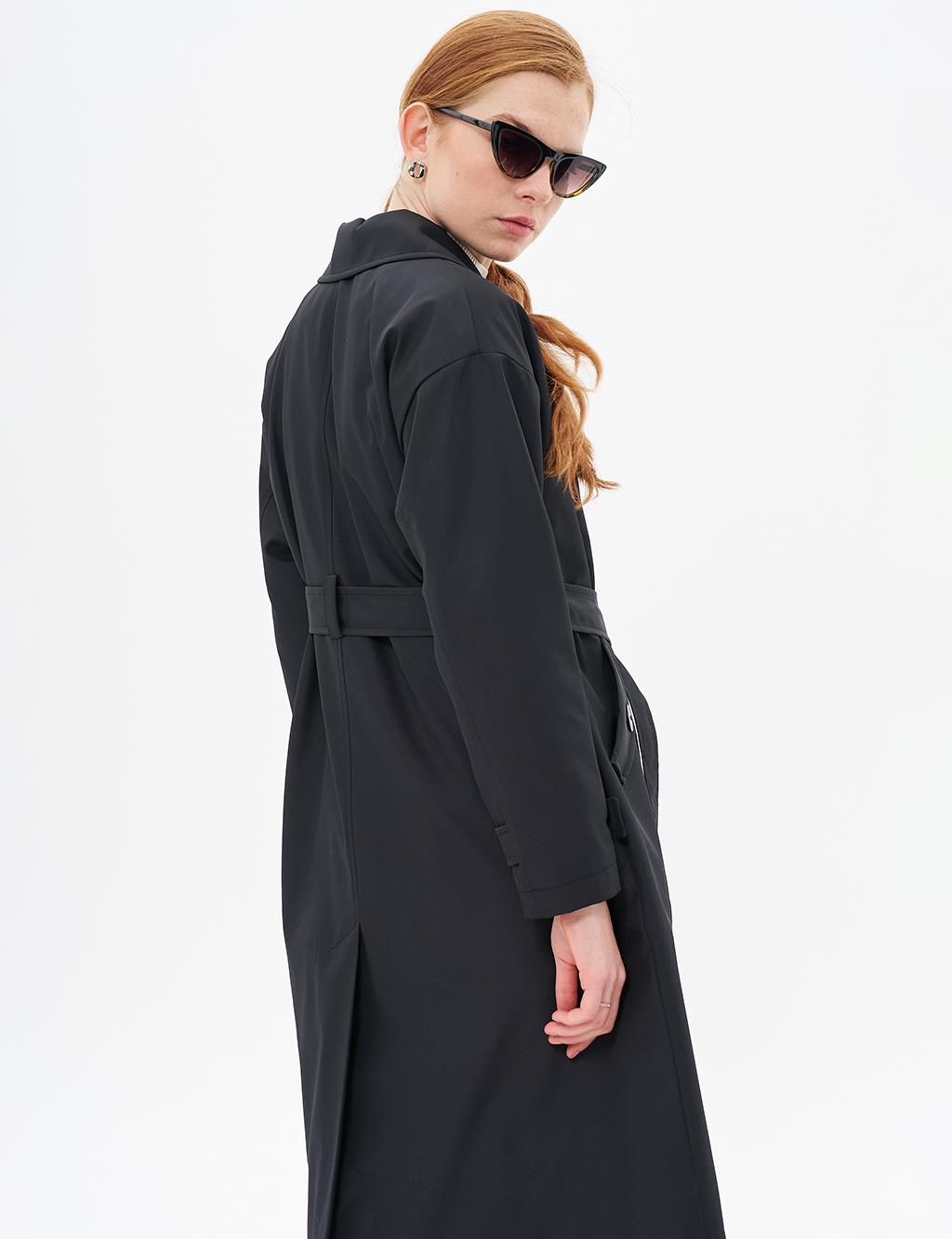 Belted Double Breasted Trench Coat Black