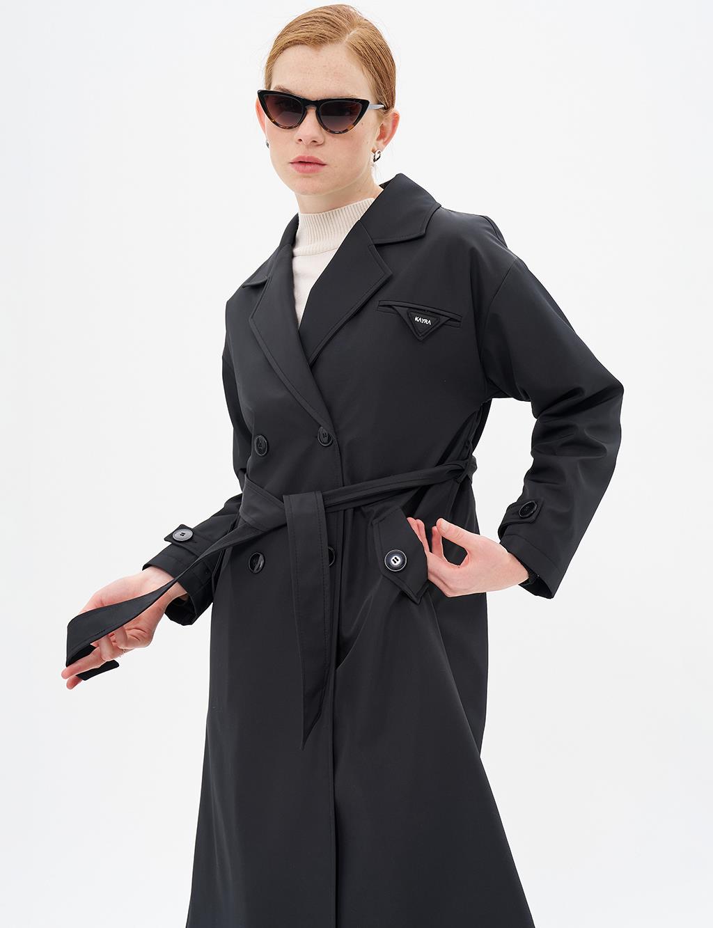 Belted Double Breasted Trench Coat Black