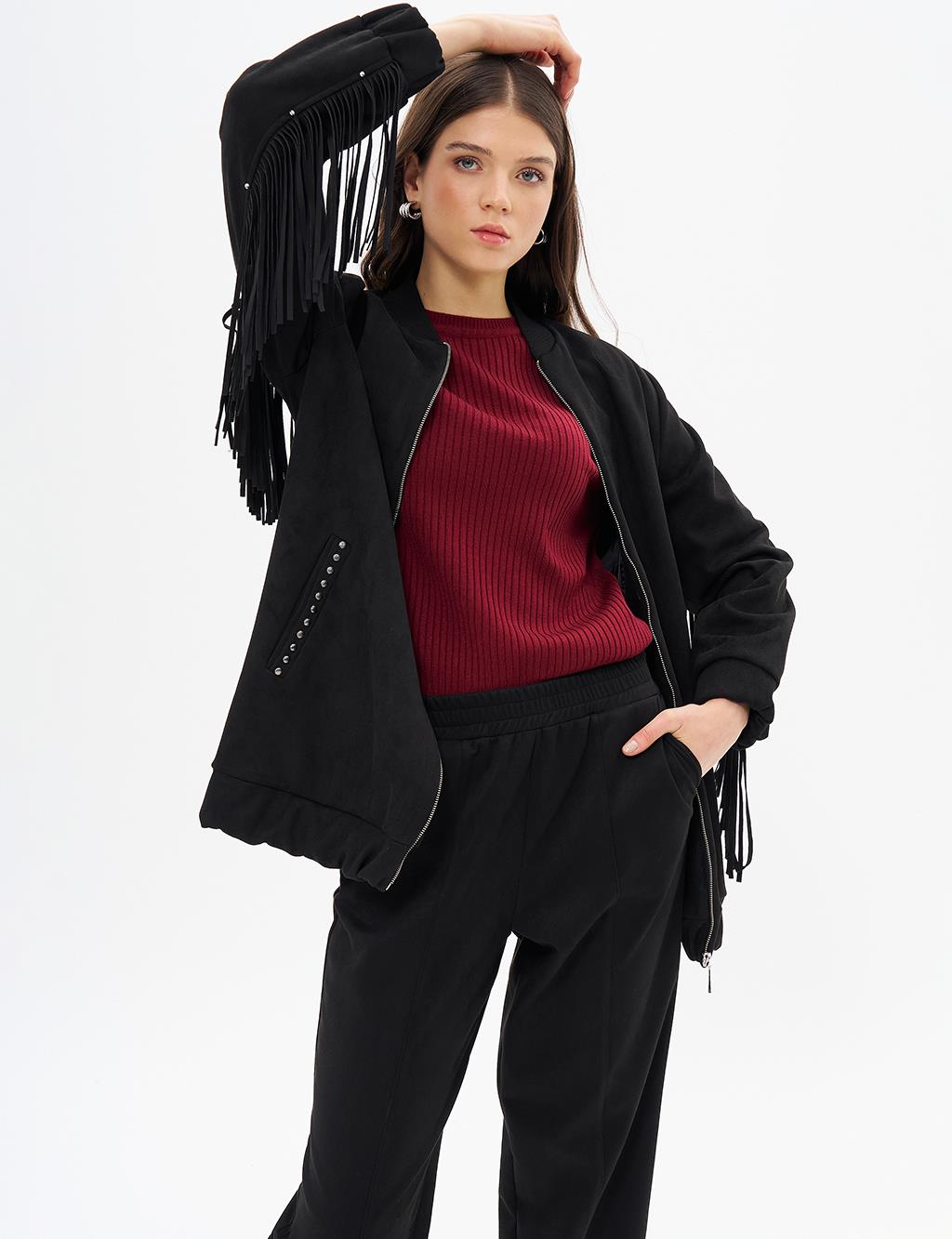 Back Tassel Detailed Suede Jacket Black