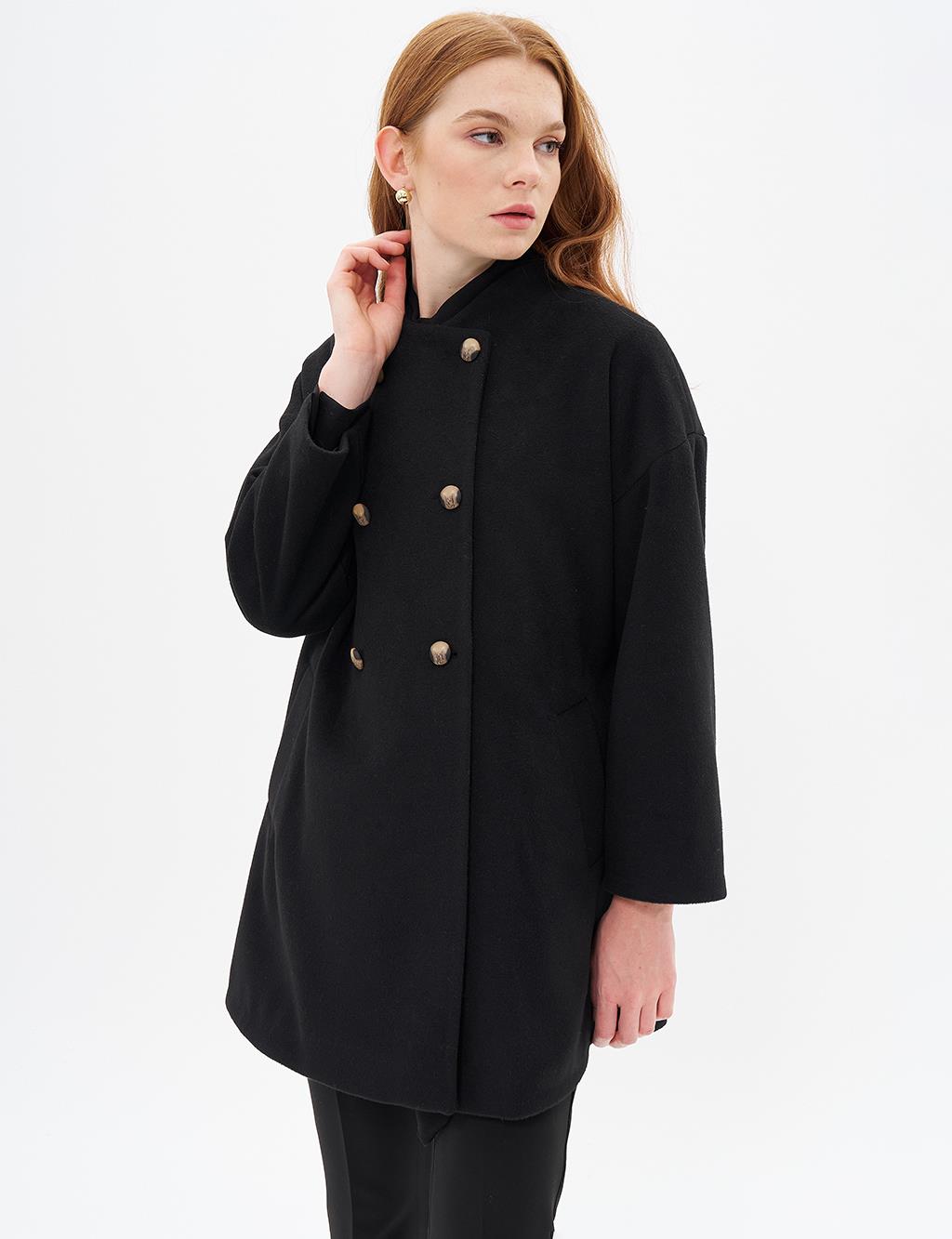 Button Closure Cashmere Coat Black