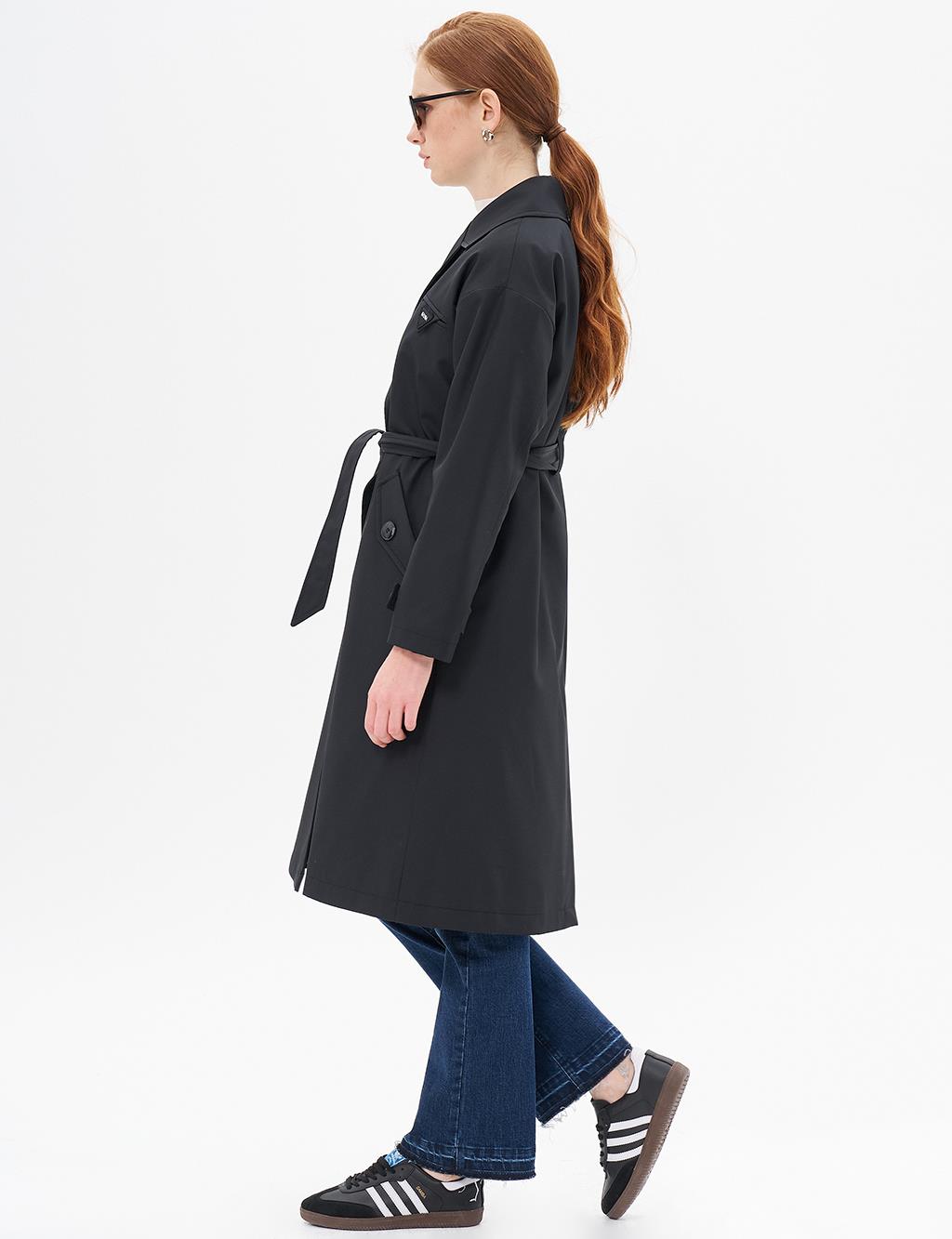 Belted Double Breasted Trench Coat Black