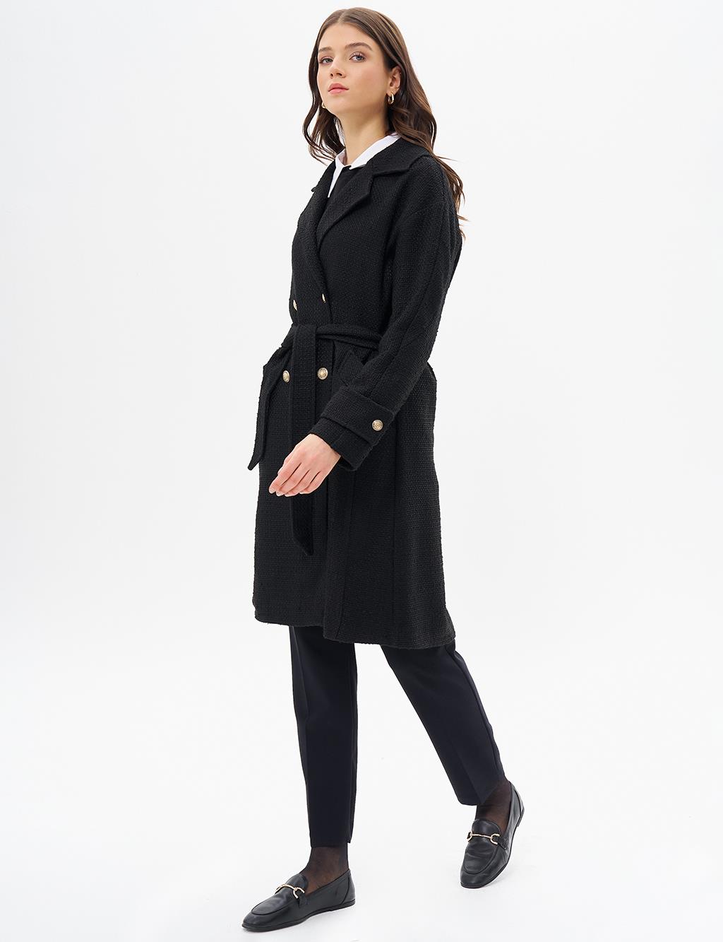 Gold Button Belted Coat Black