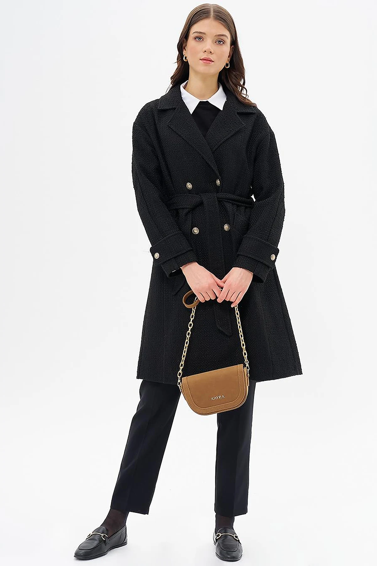 Gold Button Belted Coat Black