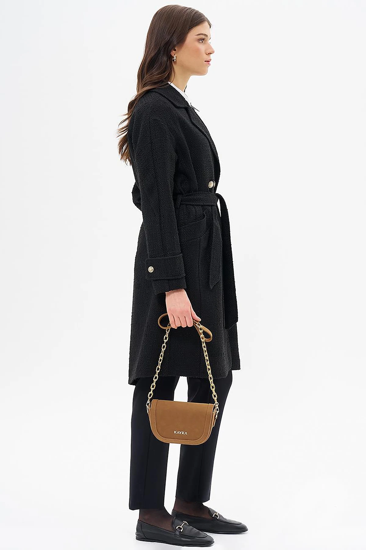 Gold Button Belted Coat Black