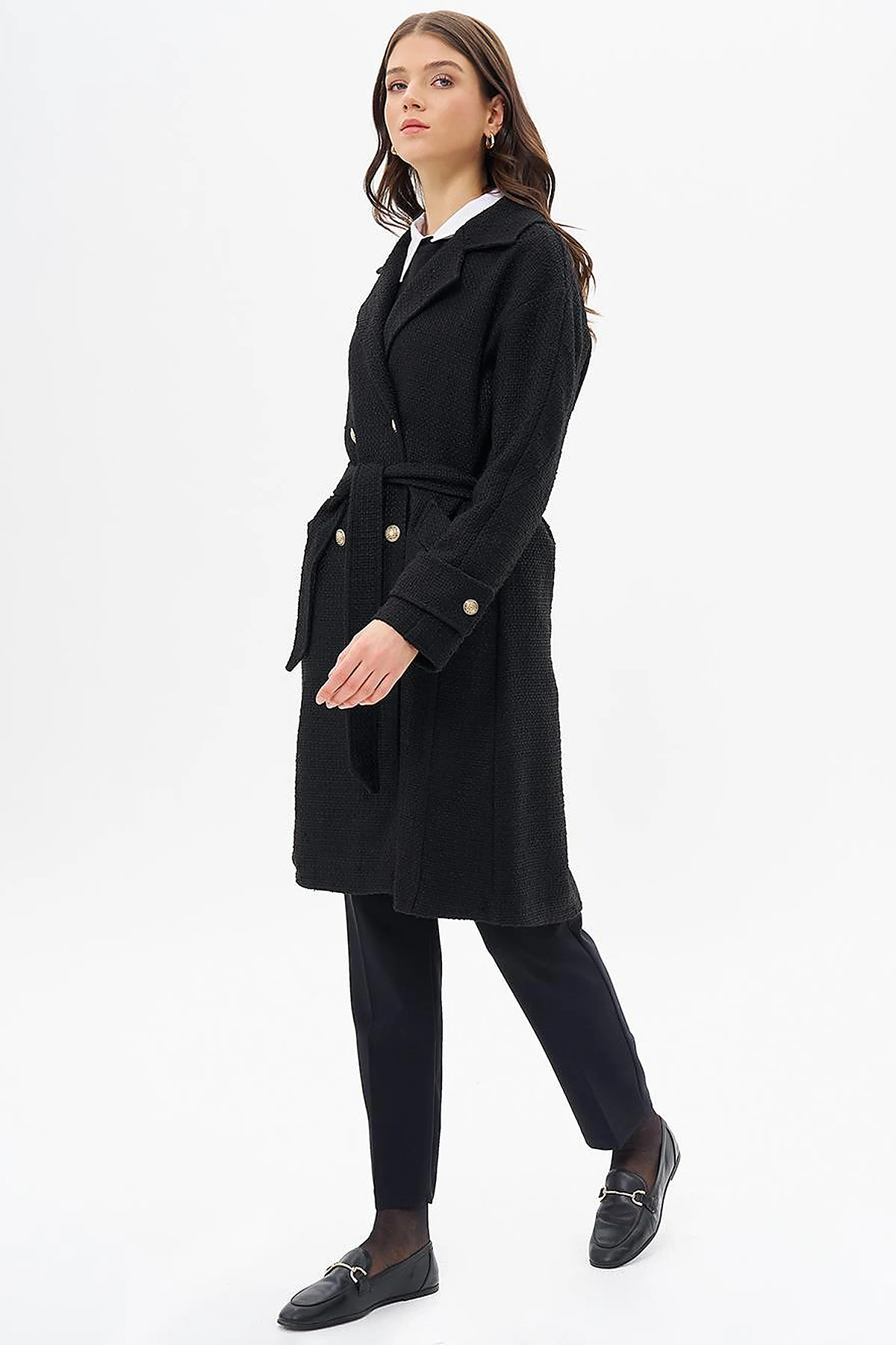 Gold Button Belted Coat Black