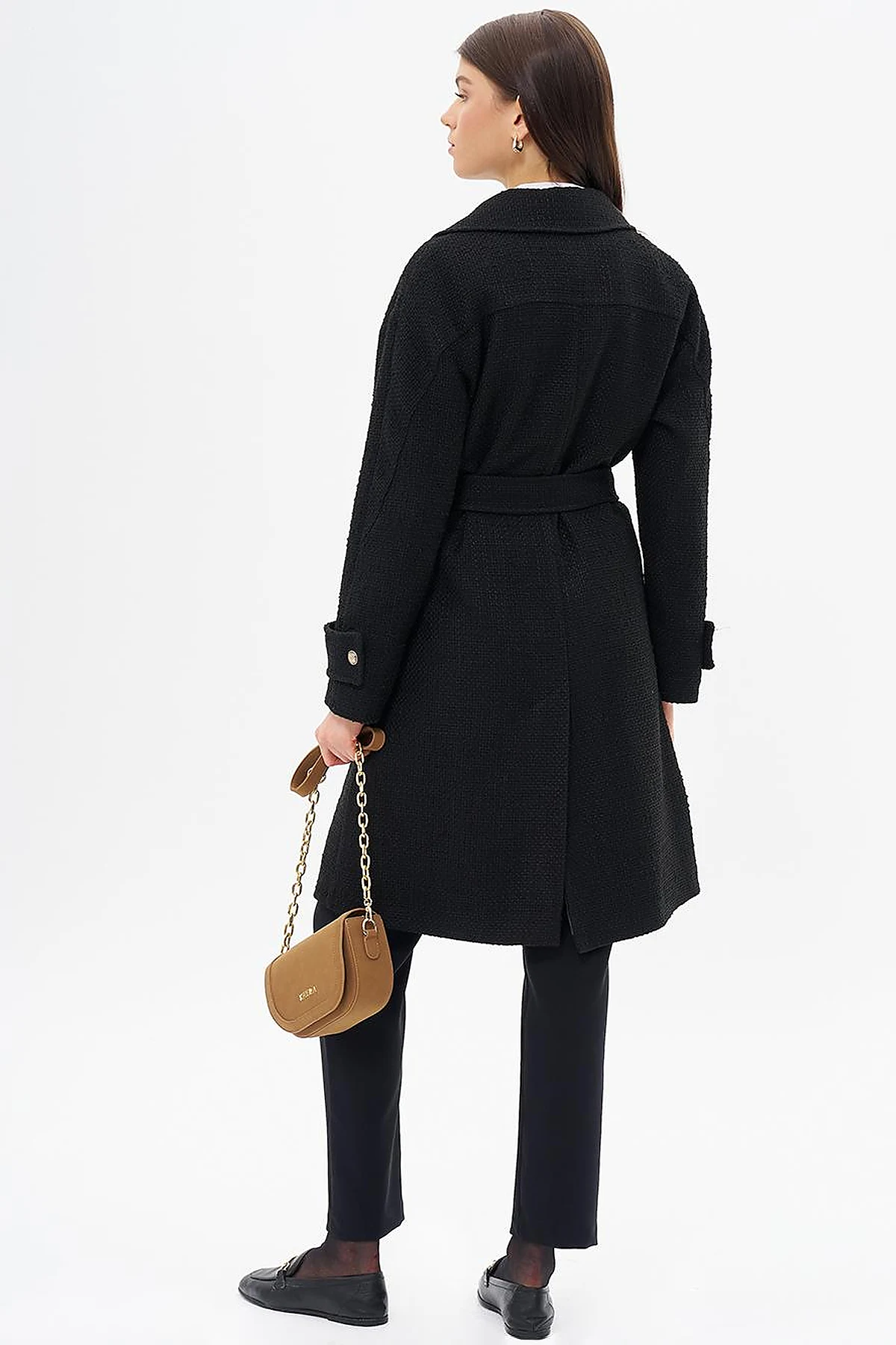 Gold Button Belted Coat Black