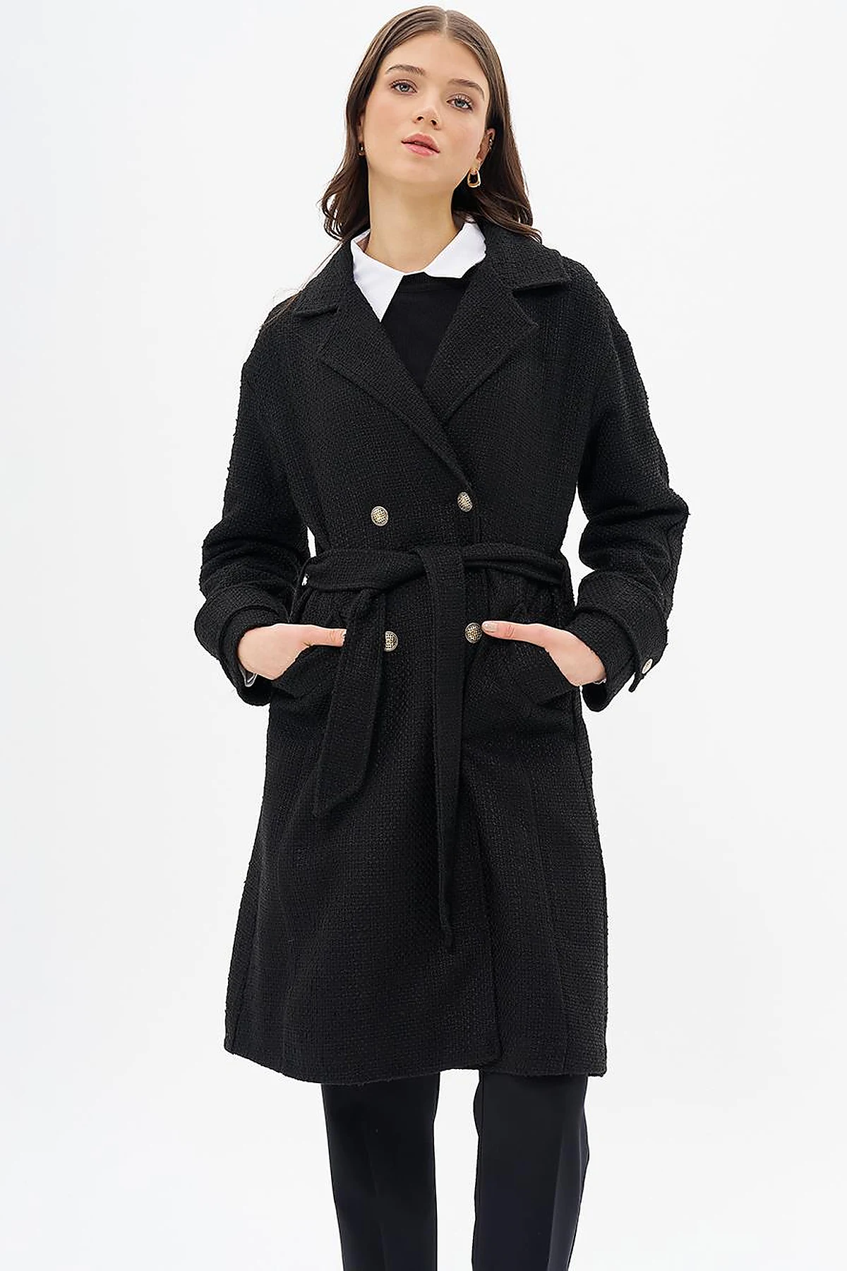 Gold Button Belted Coat Black