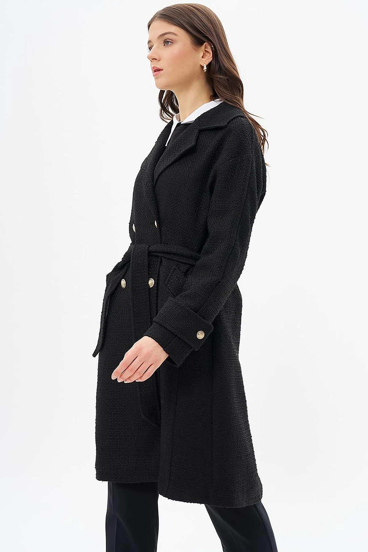 Gold Button Belted Coat Black