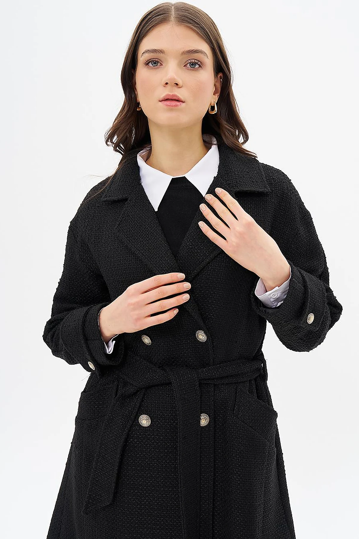Gold Button Belted Coat Black