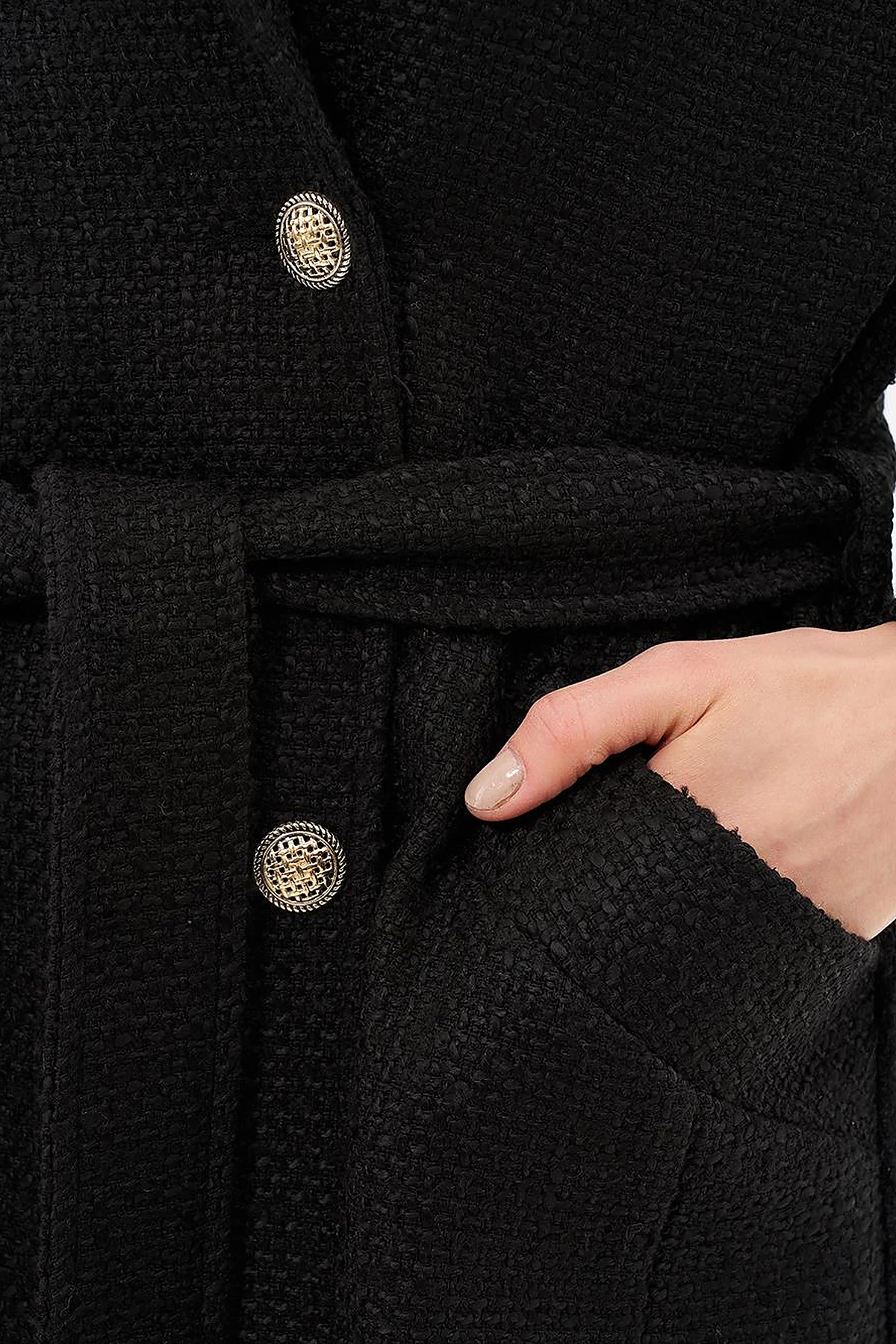 Gold Button Belted Coat Black