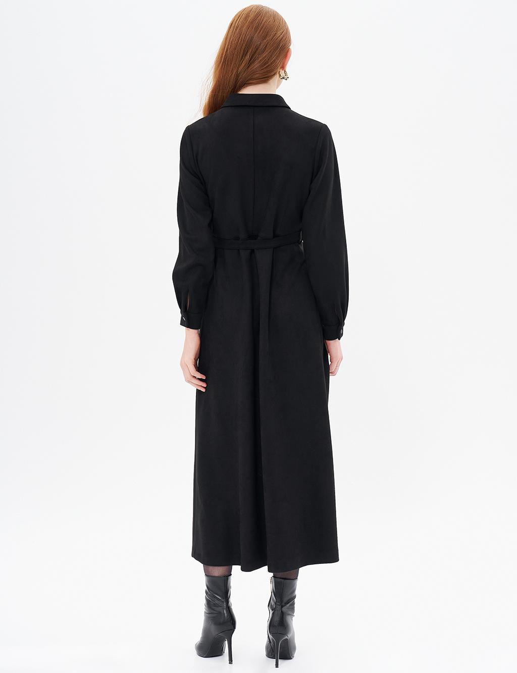 Suede Dress with Flap Pocket Black