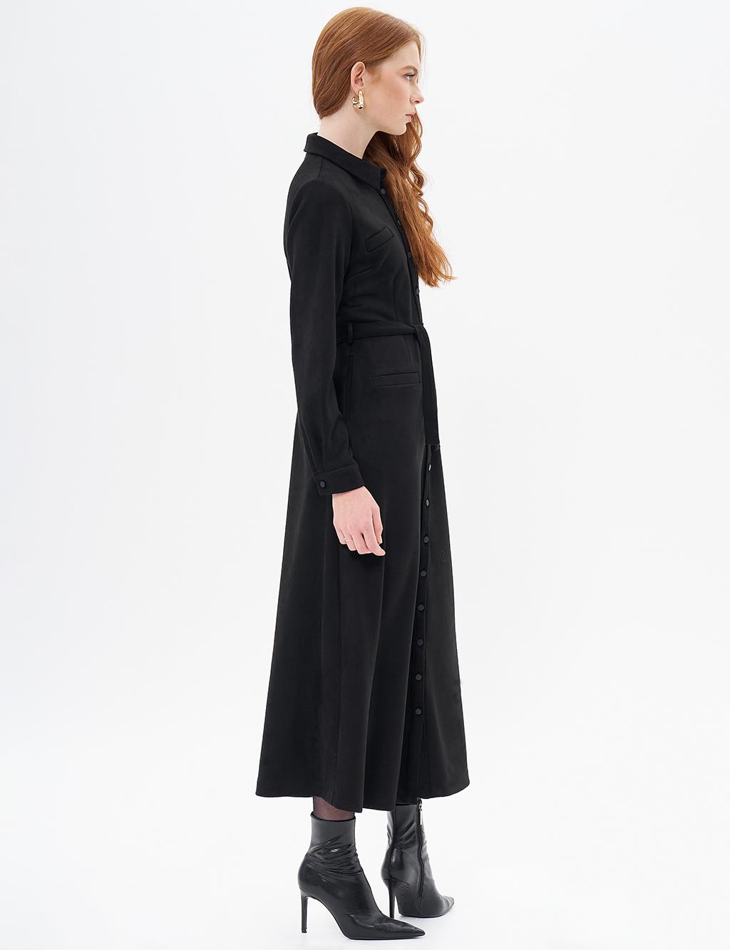 Suede Dress with Flap Pocket Black