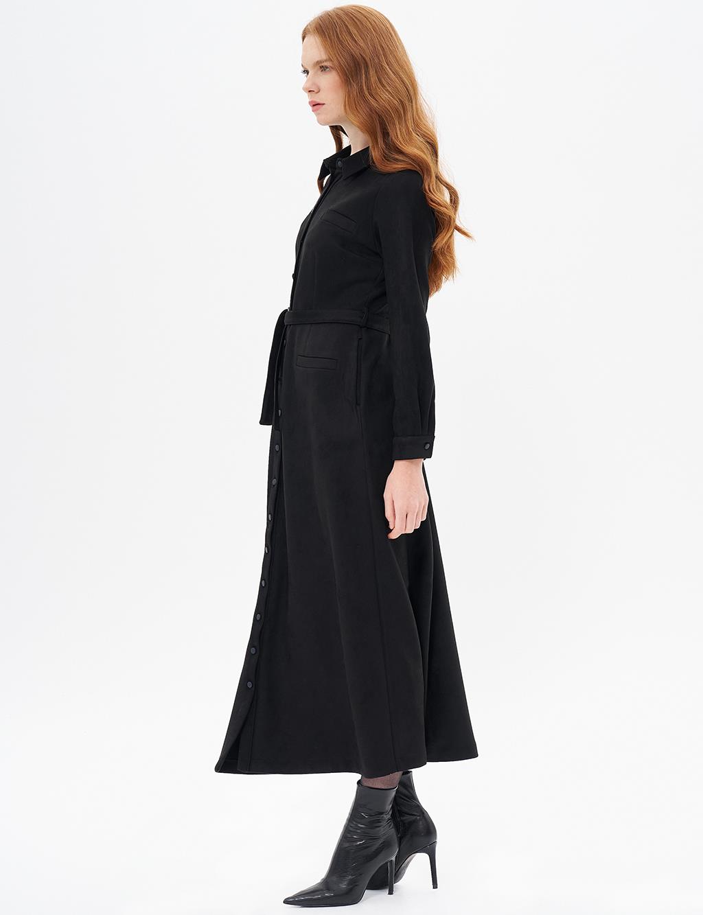 Suede Dress with Flap Pocket Black