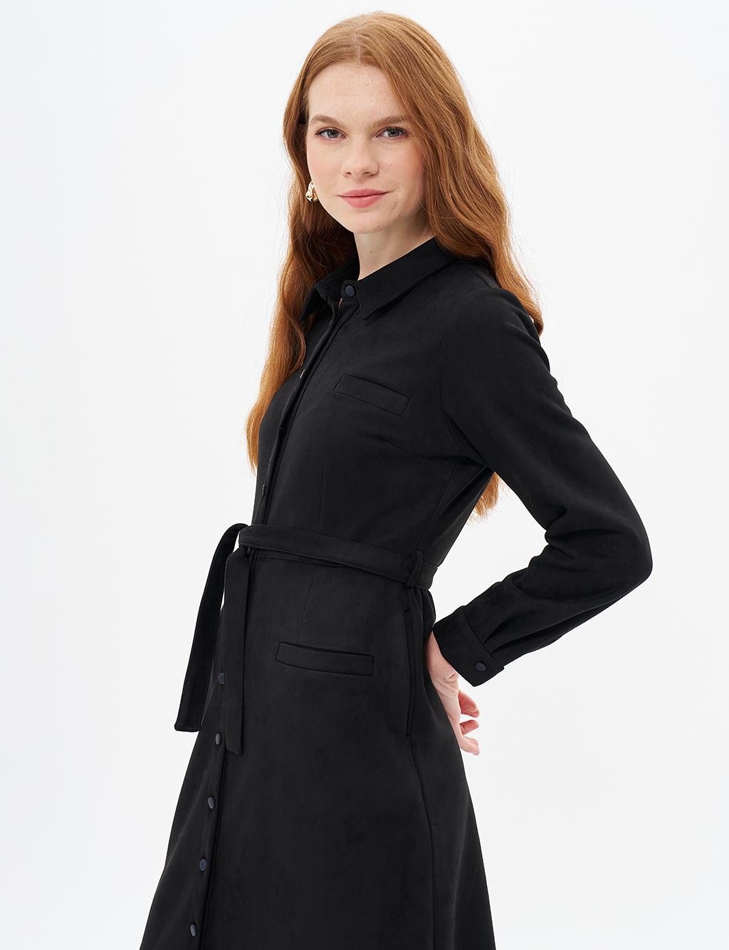 Suede Dress with Flap Pocket Black