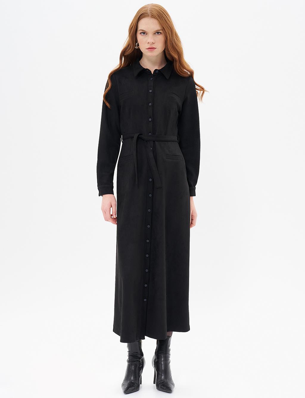 Suede Dress with Flap Pocket Black