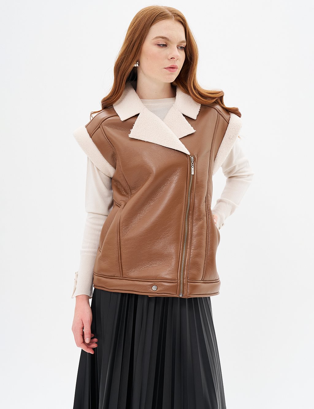 Faux Leather Vest with Zipper Closure Coffee