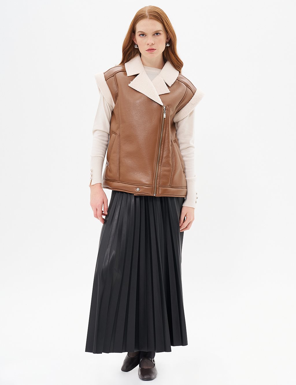 Faux Leather Vest with Zipper Closure Coffee