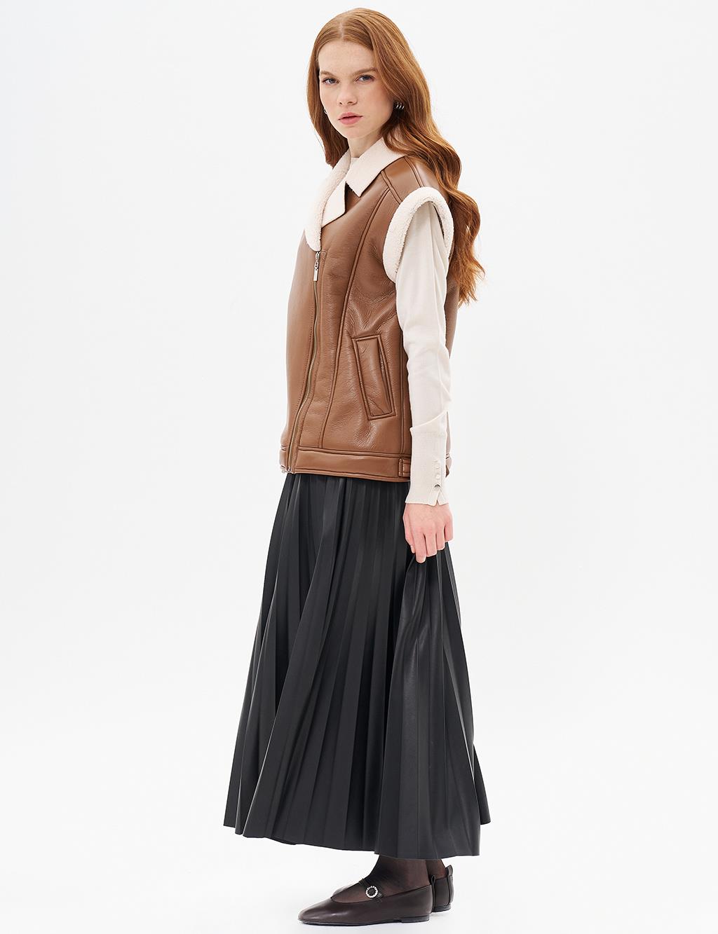 Faux Leather Vest with Zipper Closure Coffee