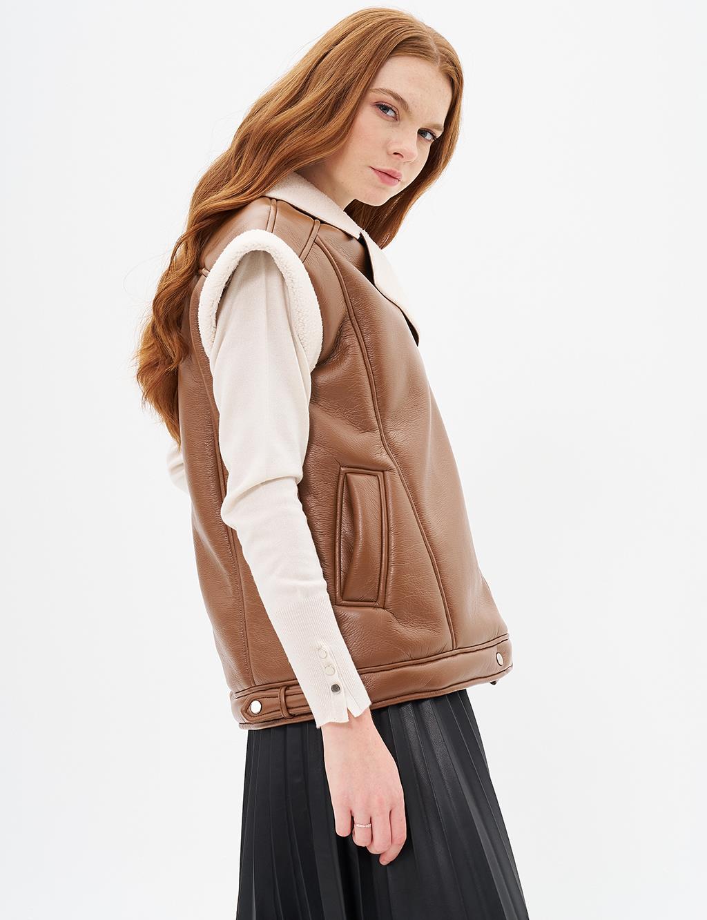 Faux Leather Vest with Zipper Closure Coffee