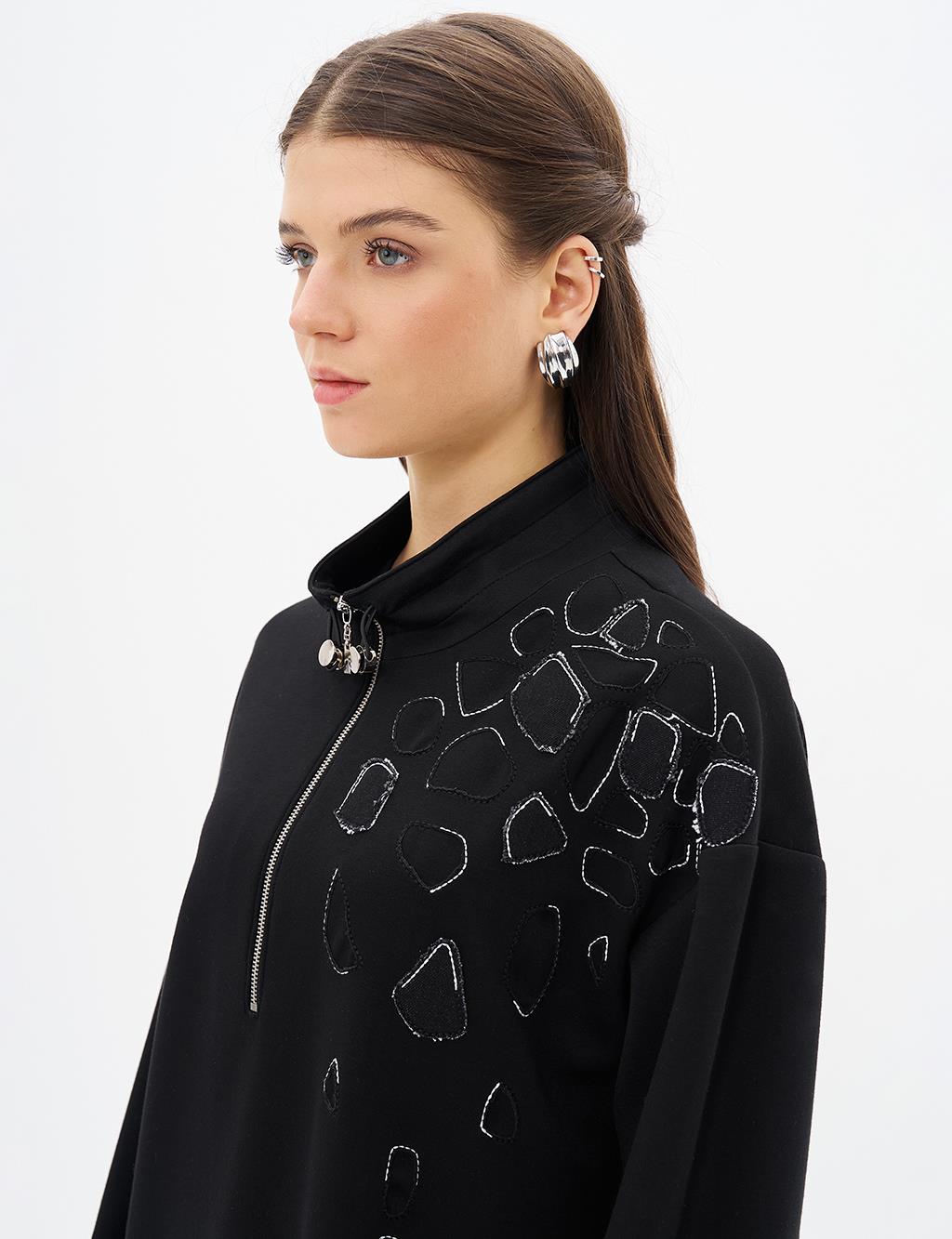 Embroidery Appliqued Scuba Tunic Black