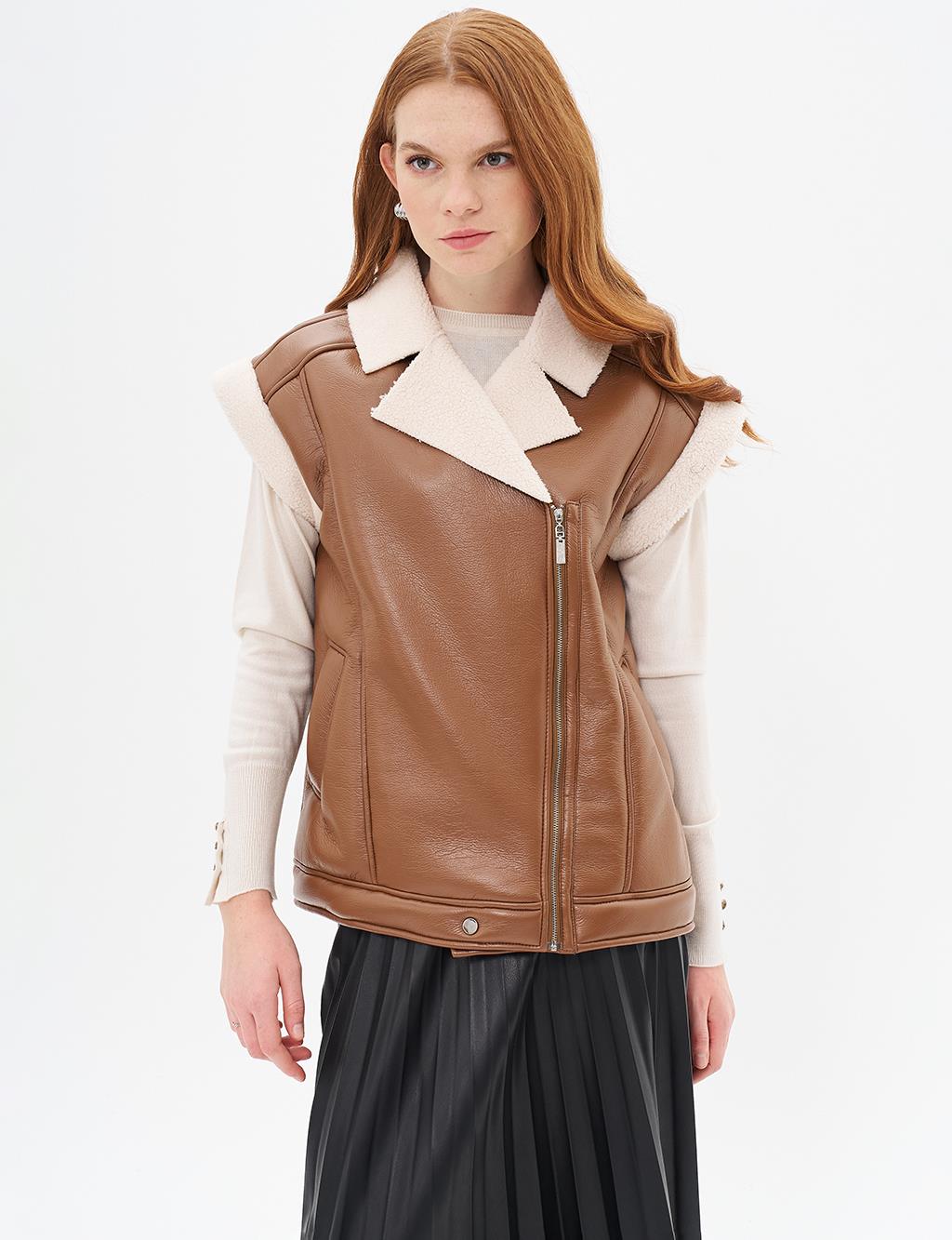 Faux Leather Vest with Zipper Closure Coffee